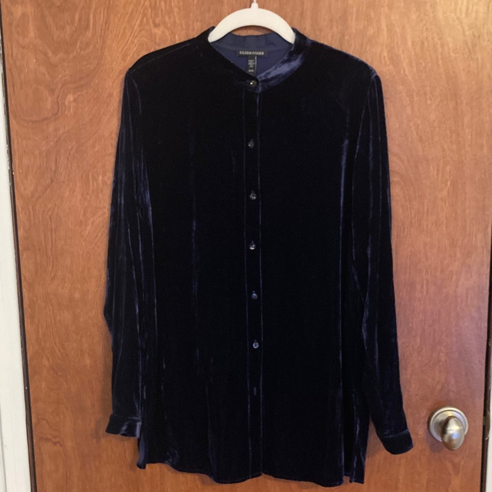 Eileen Fisher Velvet Collarless Top in Venus blue